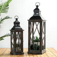 Load image into Gallery viewer, Black Farmhouse Wooden Lanterns With Diamond Window Frame,  Set of 2
