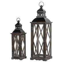 Load image into Gallery viewer, Black Farmhouse Wooden Lanterns With Diamond Window Frame,  Set of 2
