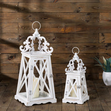 Load image into Gallery viewer, Wash White  European Farmhouse Wooden Lanterns With 3D Metal Lace Top, Set of 2
