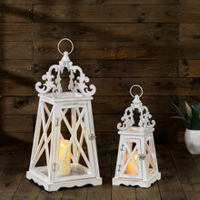 Load image into Gallery viewer, Wash White  European Farmhouse Wooden Lanterns With 3D Metal Lace Top, Set of 2
