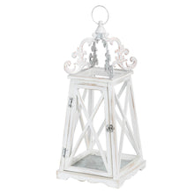 Load image into Gallery viewer, Wash White  European Farmhouse Wooden Lanterns With 3D Metal Lace Top, Set of 2
