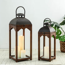 Load image into Gallery viewer, Whiskey Brown Farmhouse Modern Wood/Metal Lanterns, Set of 2
