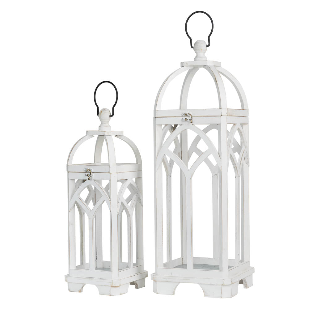 Wash White Farmhouse Wooden Church Window Frame Lanterns, Set of 2