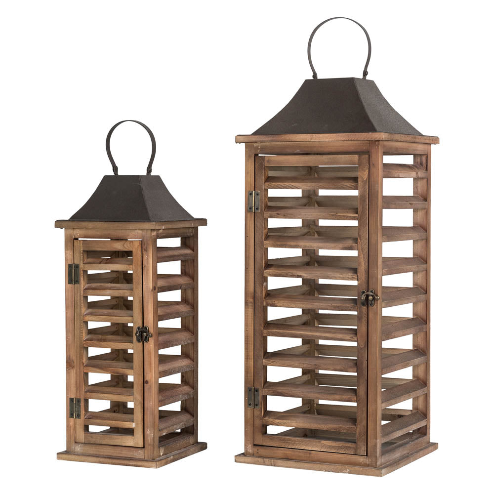 Farmhouse Natural Wooden Shutter Lanterns, Set of 2