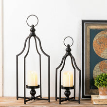 Load image into Gallery viewer, Large and Small Modern Farmhouse Black Metal Candle Lantern, Set of 2
