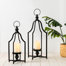 Load image into Gallery viewer, Large and Small Modern Farmhouse Black Metal Candle Lantern, Set of 2
