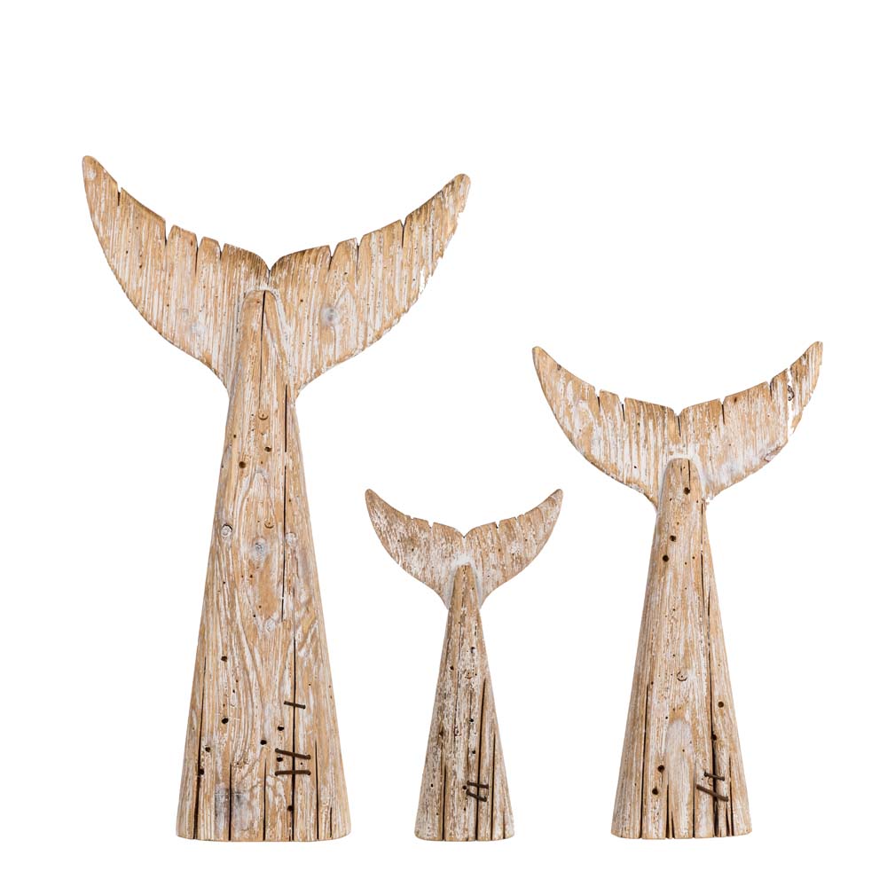 Coastal Weathered Wood Whale Tail Table Decor, Set of 3