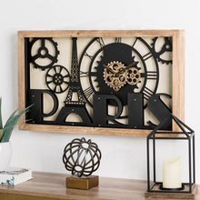 Load image into Gallery viewer, 30.00&quot;L Industrial Metal/Wood Eiffel Tower Silhouette Gear Wall Clock (without glass)
