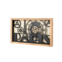 Load image into Gallery viewer, 30.00&quot;L Industrial Metal/Wood Eiffel Tower Silhouette Gear Wall Clock (without glass)
