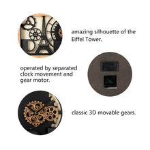 Load image into Gallery viewer, 30.00&quot;L Industrial Metal/Wood Eiffel Tower Silhouette Gear Wall Clock (without glass)
