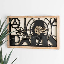 Load image into Gallery viewer, 30.00&quot;L Industrial Metal/Wood Eiffel Tower Silhouette Gear Wall Clock (without glass)
