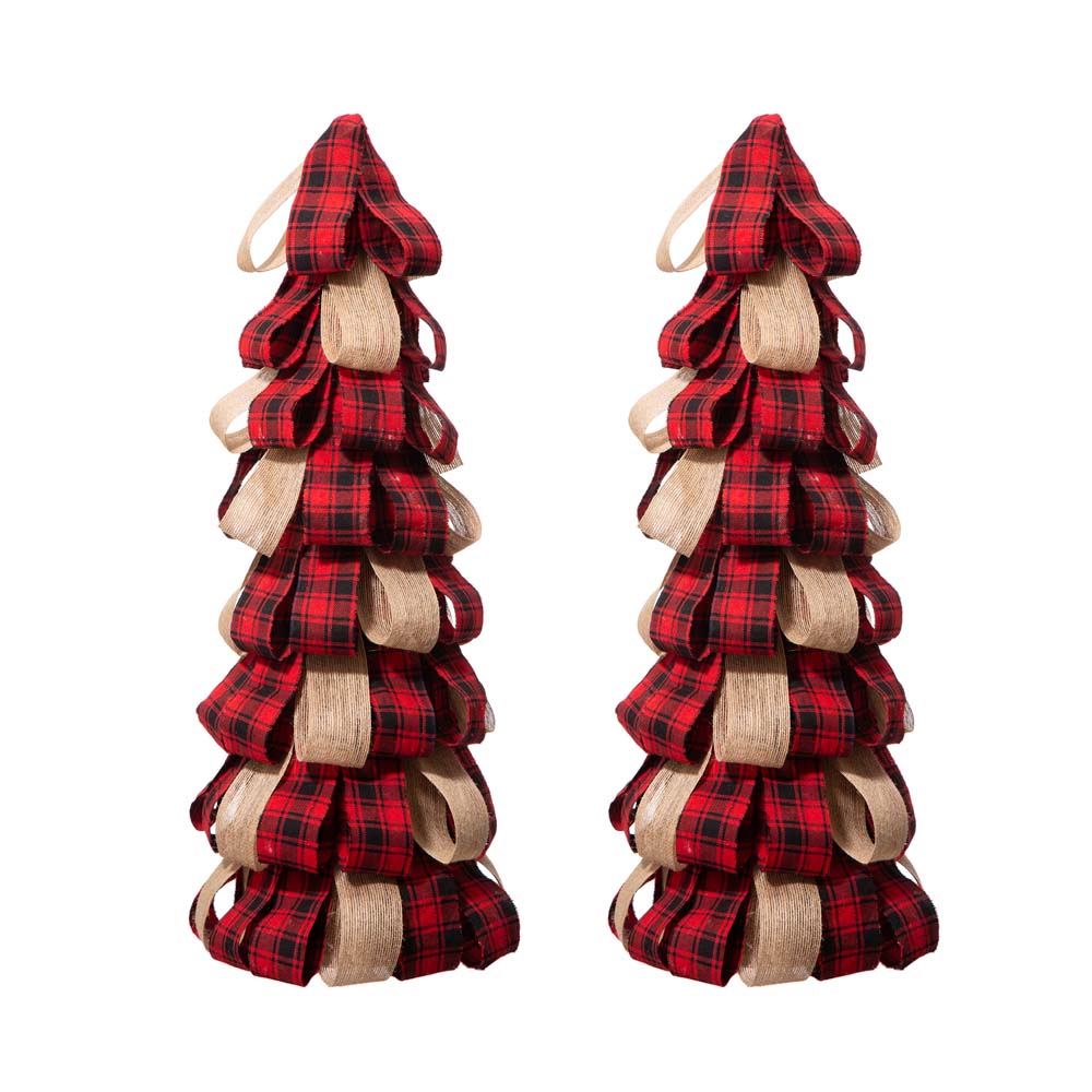 Plaid Fabric/Burlap Table Tree Set of 2