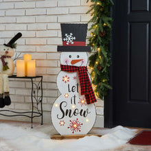 Load image into Gallery viewer, 36&quot;H Lighted Wooden Christmas Snowman Porch Décor with Plaid Scarf
