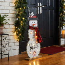 Load image into Gallery viewer, 36&quot;H Lighted Wooden Christmas Snowman Porch Décor with Plaid Scarf
