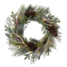 Load image into Gallery viewer, 24&quot;D Flocked Pinecone &amp; Antler Wreath With Lights
