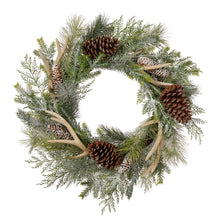 Load image into Gallery viewer, 24&quot;D Flocked Pinecone &amp; Antler Wreath With Lights
