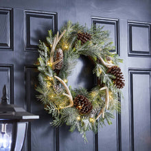 Load image into Gallery viewer, 24&quot;D Flocked Pinecone &amp; Antler Wreath With Lights
