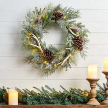 Load image into Gallery viewer, 24&quot;D Flocked Pinecone &amp; Antler Wreath With Lights
