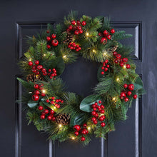 Load image into Gallery viewer, 24&quot;D Berry Magnolia Leaf Pinecone Wreath With Lights
