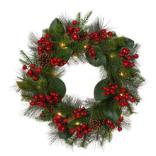 Load image into Gallery viewer, 24&quot;D Berry Magnolia Leaf Pinecone Wreath With Lights
