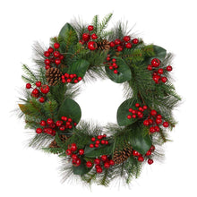 Load image into Gallery viewer, 24&quot;D Berry Magnolia Leaf Pinecone Wreath With Lights
