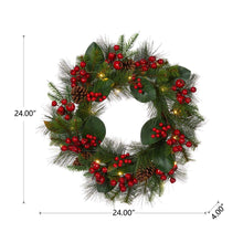 Load image into Gallery viewer, 24&quot;D Berry Magnolia Leaf Pinecone Wreath With Lights
