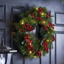 Load image into Gallery viewer, 24&quot;D Berry Magnolia Leaf Pinecone Wreath With Lights
