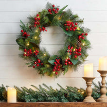 Load image into Gallery viewer, 24&quot;D Berry Magnolia Leaf Pinecone Wreath With Lights
