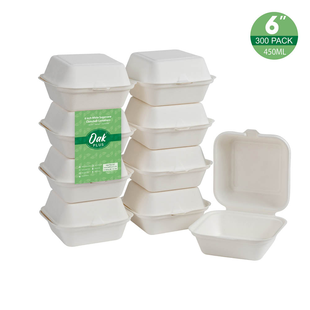 6 inch White Compostable & Disposable Sugarcane Clamshell Containers, 300 Pack