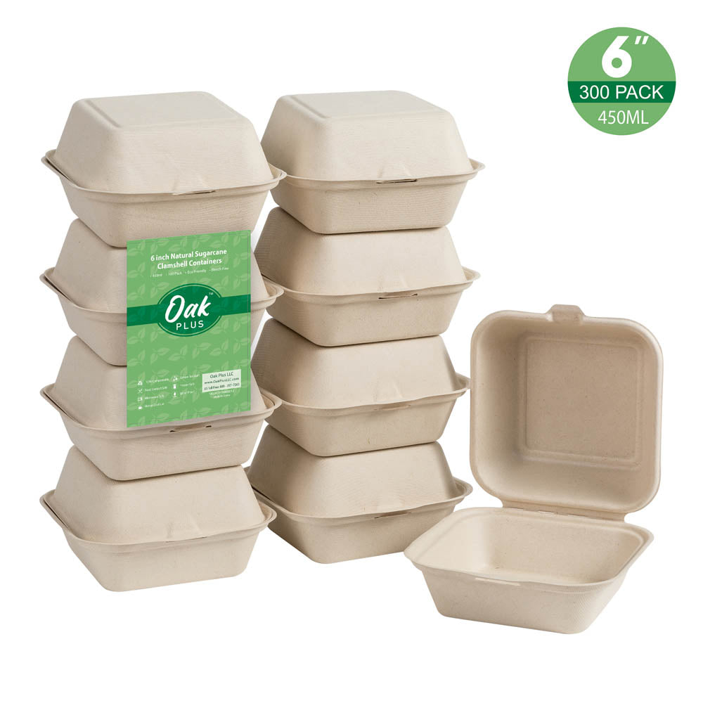 6 inch Natural Compostable & Disposable Sugarcane Clamshell Containers, 300 Pack