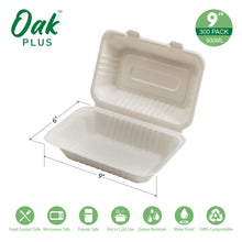 Load image into Gallery viewer, 9 inch White Compostable &amp; Disposable Sugarcane Clamshell Containers, 300 Pack
