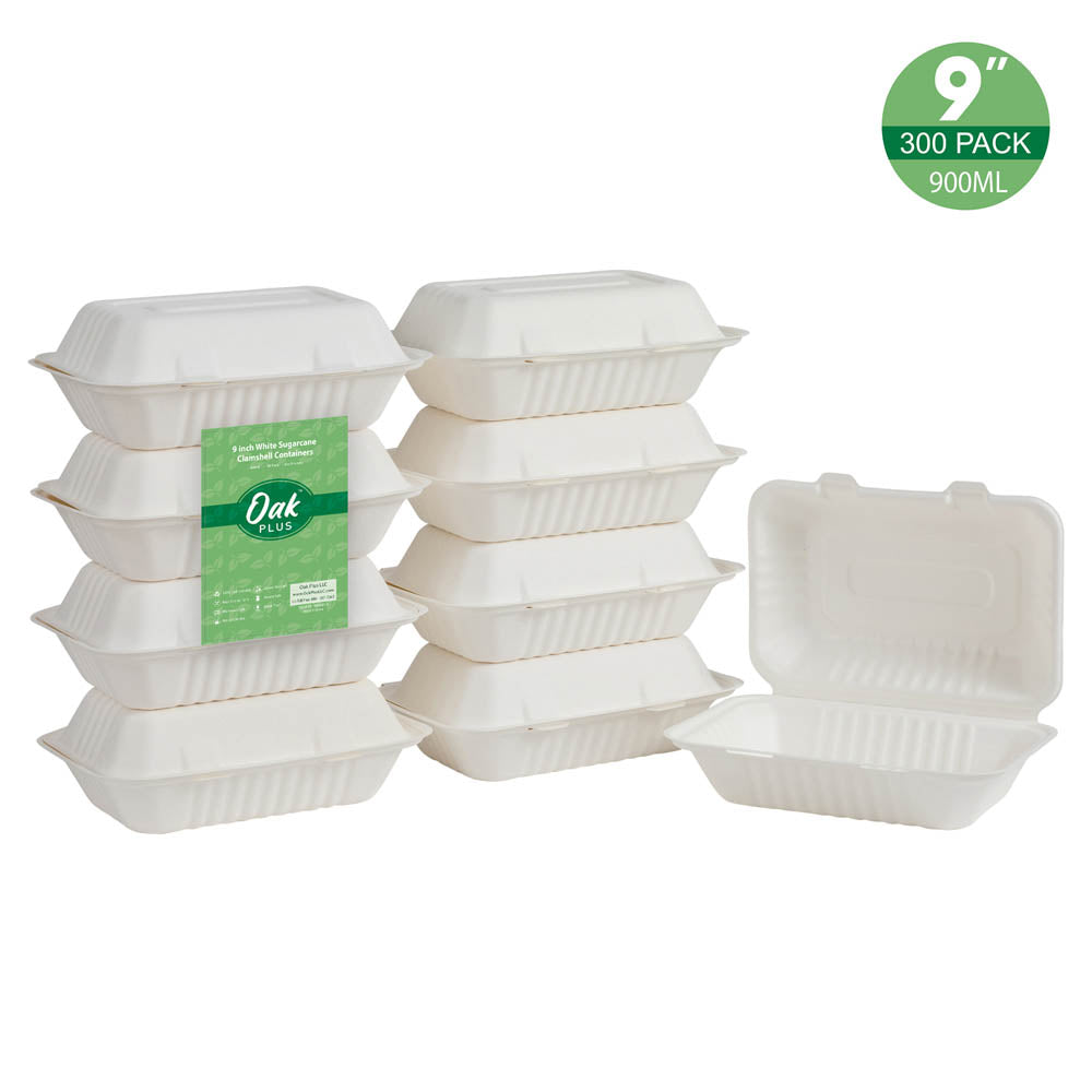 9 inch White Compostable & Disposable Sugarcane Clamshell Containers, 300 Pack