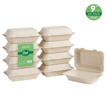 Load image into Gallery viewer, 9 inch Natural Compostable &amp; Disposable Sugarcane Clamshell Containers, 300 Pack
