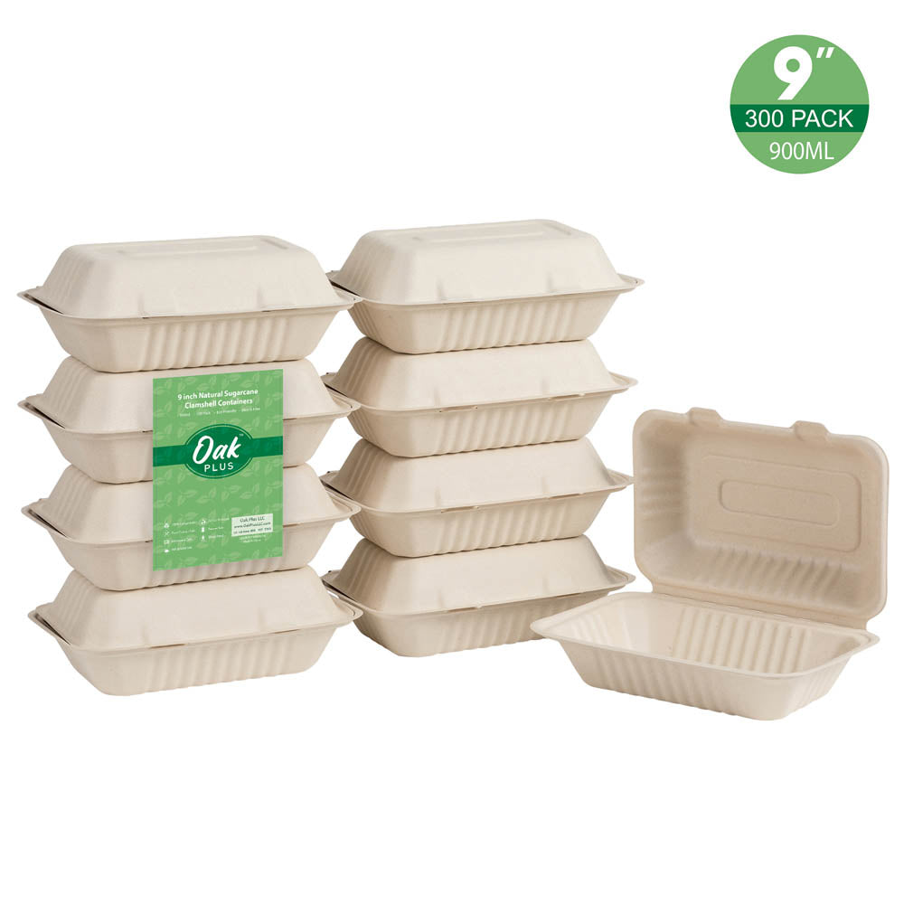 9 inch Natural Compostable & Disposable Sugarcane Clamshell Containers, 300 Pack