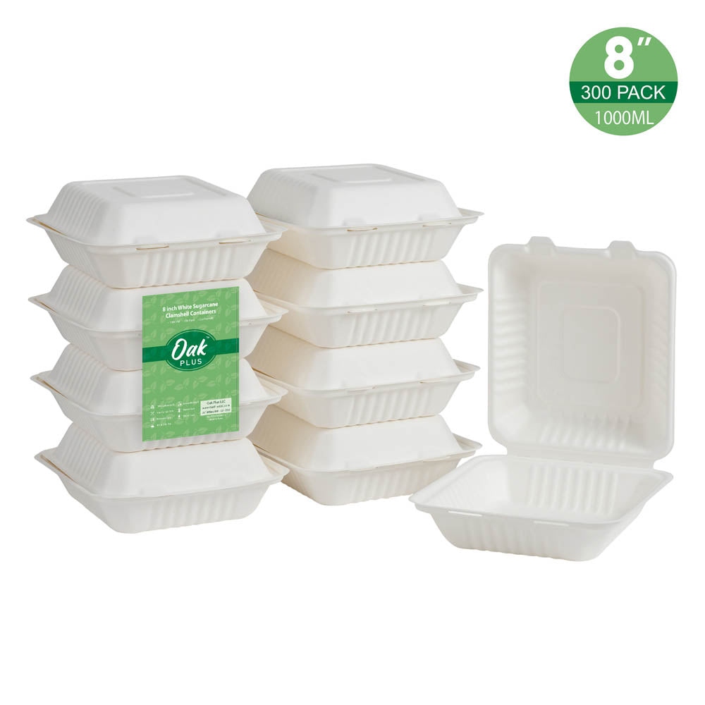 8 inch White Compostable & Disposable Sugarcane Clamshell Containers, 300 Pack