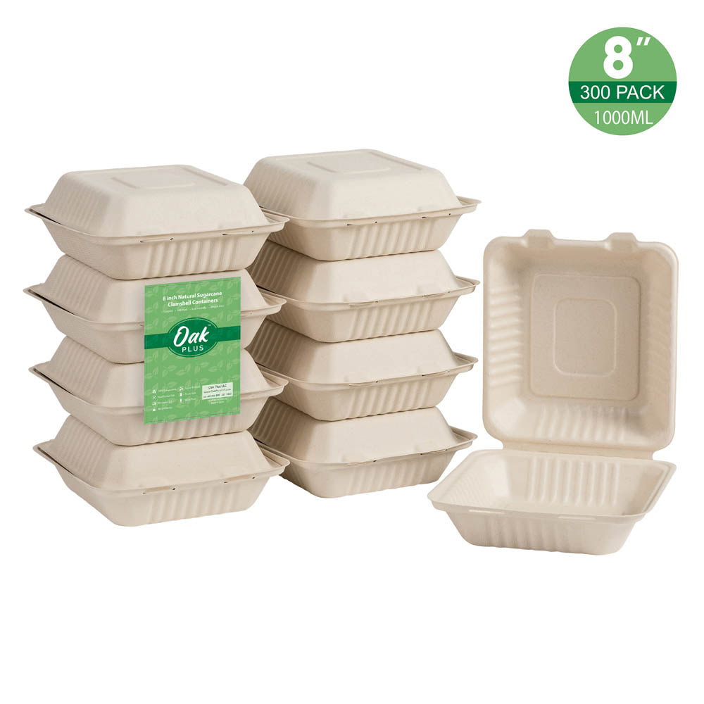 8 inch Natural Compostable & Disposable Sugarcane Clamshell Containers, 300 Pack