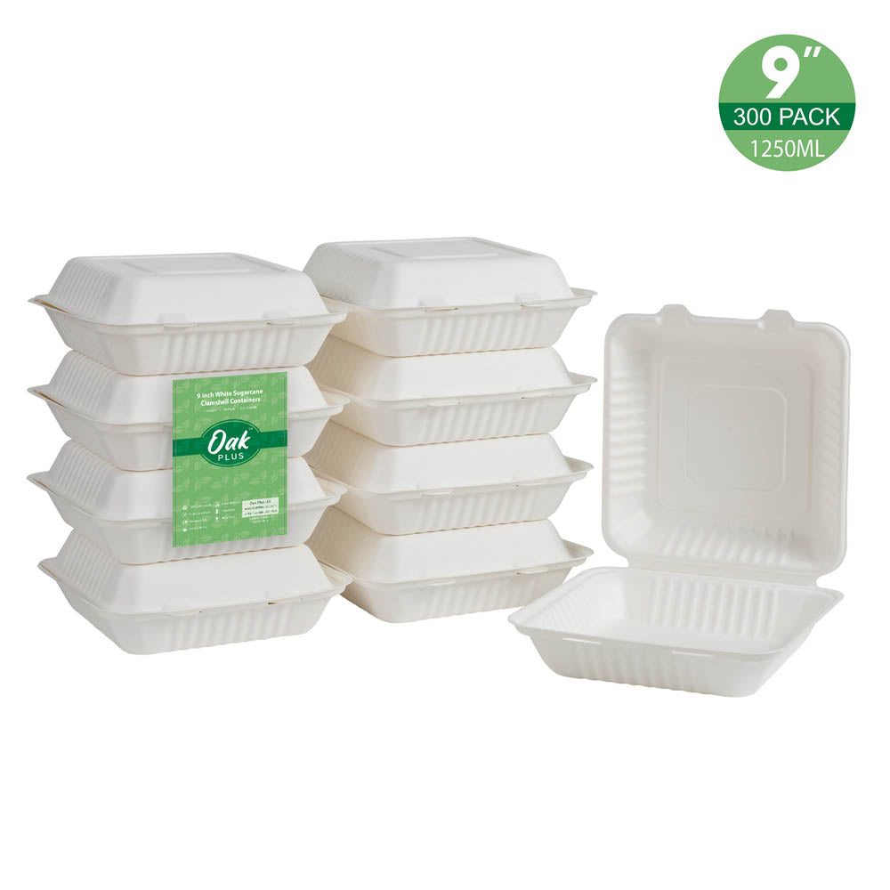 9 inch White Compostable & Disposable Sugarcane Clamshell Containers, 300 Pack