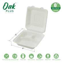 Load image into Gallery viewer, 8 inch White Compostable &amp; Disposable Sugarcane Sectional Clamshell Containers, 300 Pack
