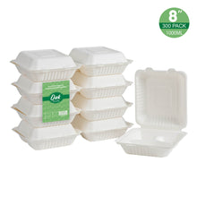 Load image into Gallery viewer, 8 inch White Compostable &amp; Disposable Sugarcane Sectional Clamshell Containers, 300 Pack
