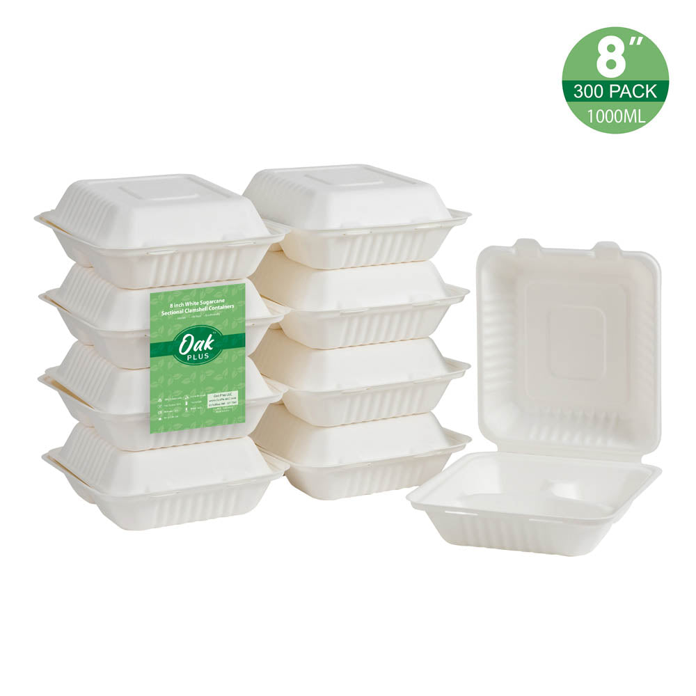 8 inch White Compostable & Disposable Sugarcane Sectional Clamshell Containers, 300 Pack