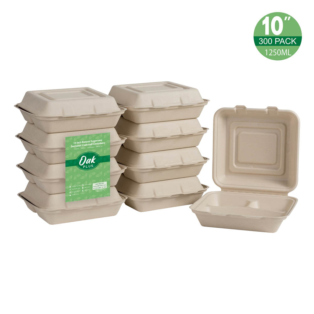 10 inch Natural Compostable & Disposable Sugarcane Sectional Clamshell Containers, 300 Pack