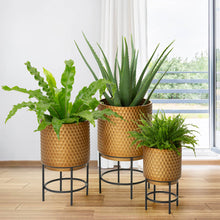 Load image into Gallery viewer, Antique Gold Honeycomb Patterned Metal Potted Planter Stand, Set of 3
