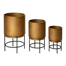 Load image into Gallery viewer, Antique Gold Honeycomb Patterned Metal Potted Planter Stand, Set of 3
