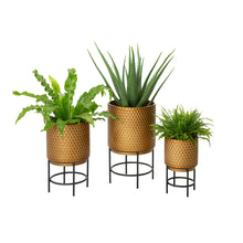 Load image into Gallery viewer, Antique Gold Honeycomb Patterned Metal Potted Planter Stand, Set of 3
