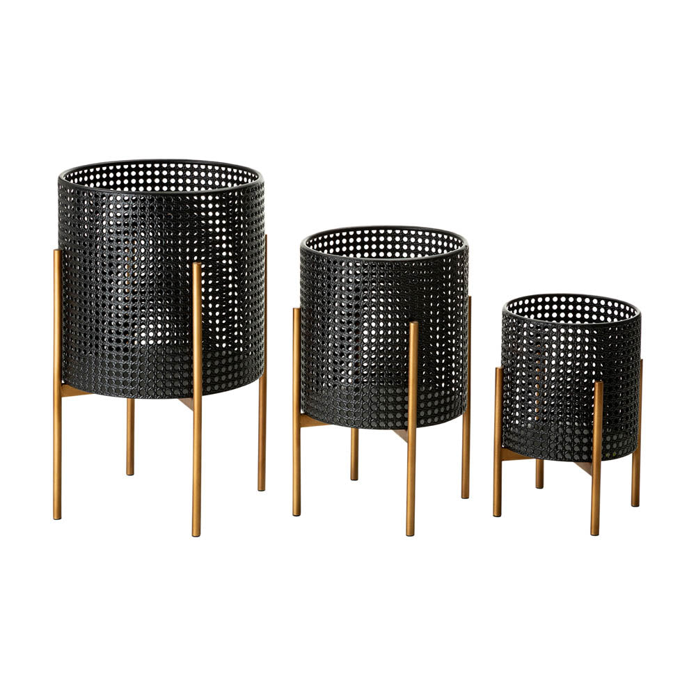 Faux Wicker Black Metal Pot Planter Stand, Set of 3