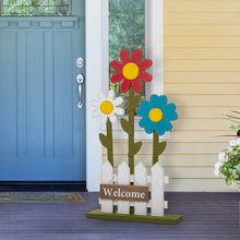 Load image into Gallery viewer, 35.75&quot;H Wooden Trio Flowers and Fence Welcome Porch Décor
