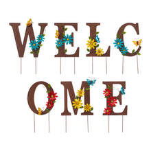 Load image into Gallery viewer, 25.5&quot;H Metal WELCOME with Flowers Yard Stakes or Wall Decor, Set of 7
