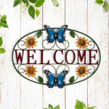 Load image into Gallery viewer, 23.75&quot;L Whimsical Metal Sunflower and Butterfly Welcome Wall Decor
