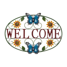 Load image into Gallery viewer, 23.75&quot;L Whimsical Metal Sunflower and Butterfly Welcome Wall Decor
