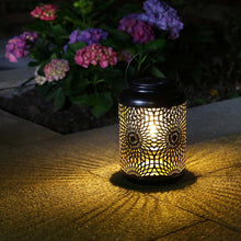 Load image into Gallery viewer, 8.75&quot;H Metal Cutout Solar Powered Outdoor Hanging Lantern
